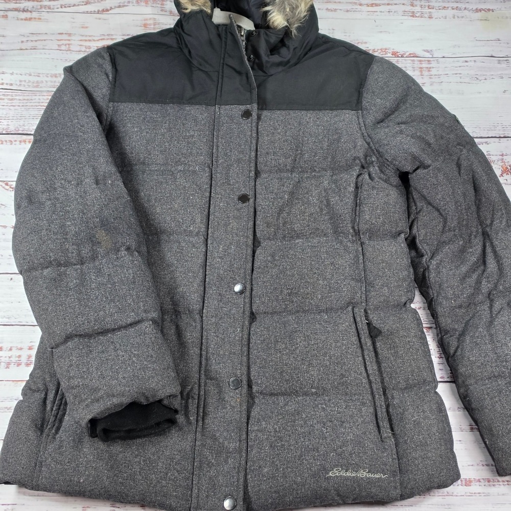 Eddie Bauer Puffer Coat Womens M Grey Good Faux Fur Hood Down Filled Jacket